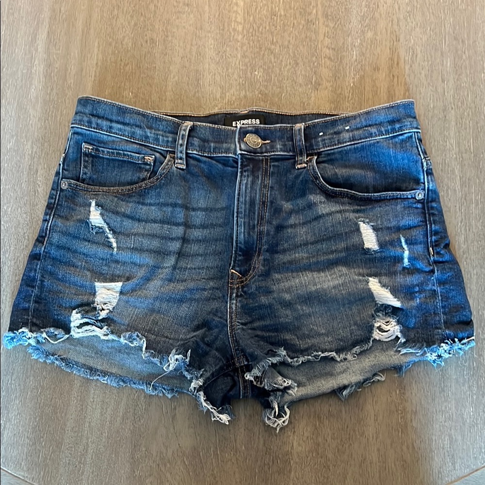 Express Blue Distressed Jean Shorts with Frayed Hem